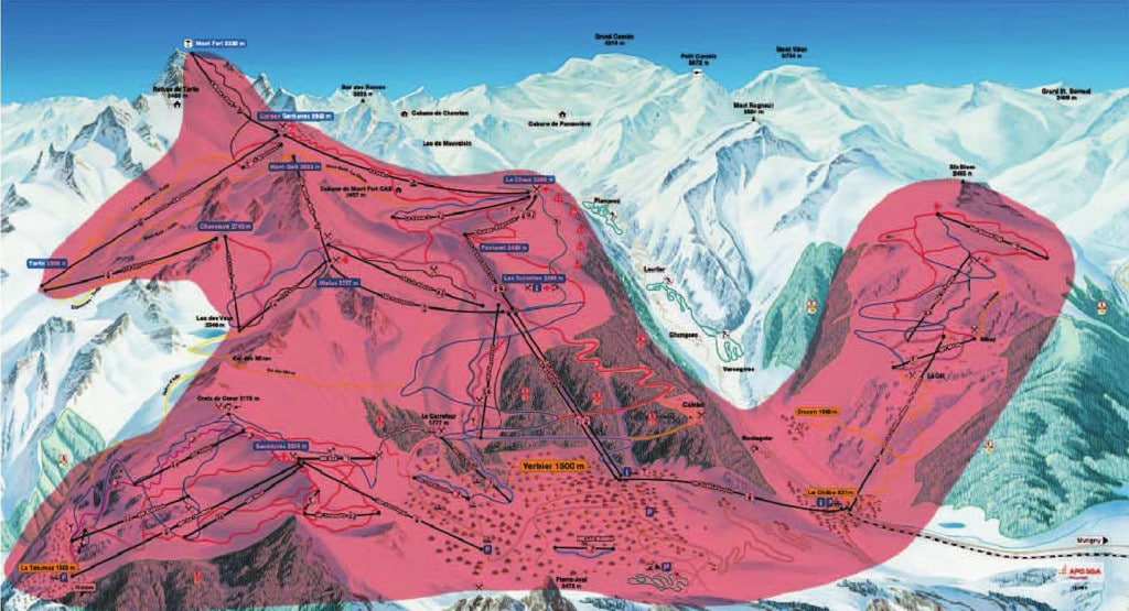 La nueva planigrafia de Verbier Gran Ski que sólo ocupa el área esquiable formada por sus 4 sectores; Verbier, La Tzoumaz, Bruson y Mont-Fort. En total 188 km de pistas y 35 remontes.