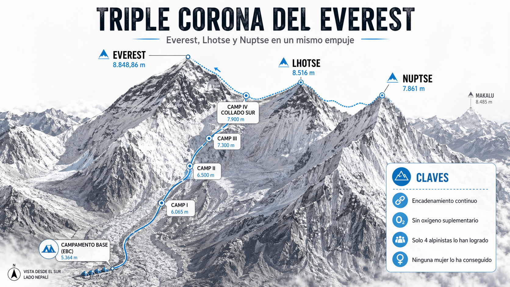 Triple Corona del Everest en un desafío sin oxígeno con Lhotse y Nuptse