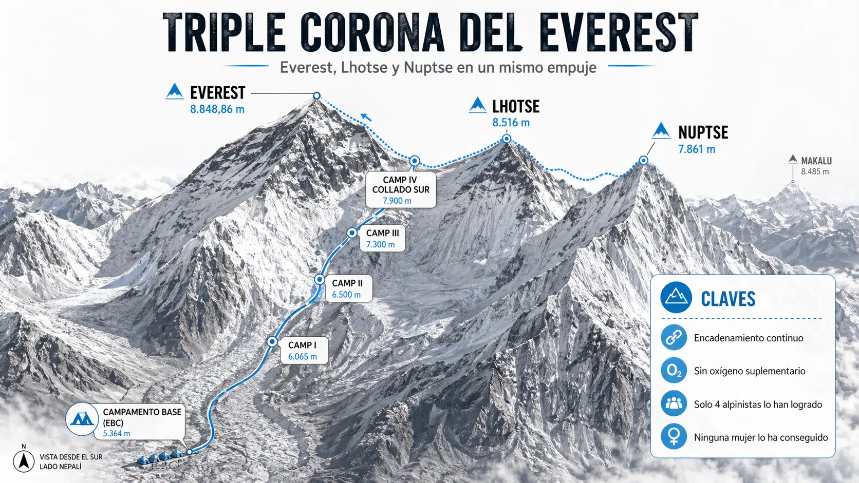Triple Corona del Everest en un desafío sin oxígeno con Lhotse y Nuptse